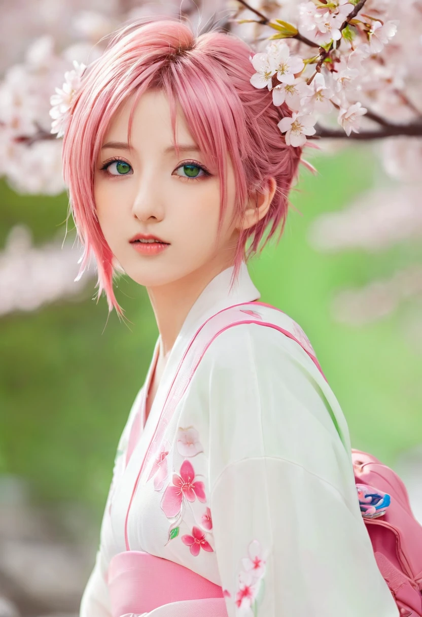 Anime girl with pink hair and green eyes posing for a photo, Sakura Haruno, best anime 4k konachan wallpaper, Attractive anime girl, I will also draw the fan, Cherry blossom petals surround her, Ink art anime , Anime style 4k, Anime cute art style, High-quality anime art style, Detailed anime artwork, Anime Wallpaper, Best Girl in Anime