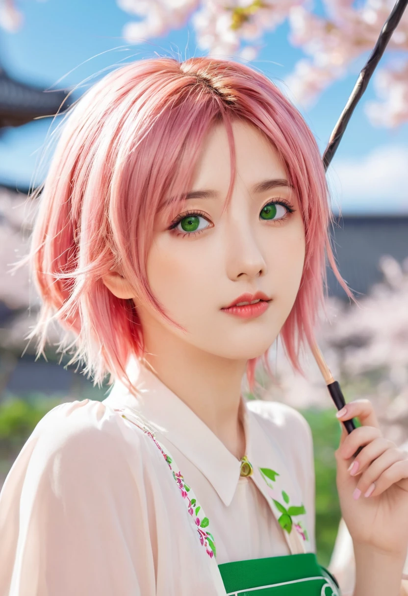 Anime girl with pink hair and green eyes posing for a photo, Sakura Haruno, best anime 4k konachan wallpaper, Attractive anime girl, I will also draw the fan, Cherry blossom petals surround her, Ink art anime , Anime style 4k, Anime cute art style, High-quality anime art style, Detailed anime artwork, Anime Wallpaper, Best Girl in Anime
