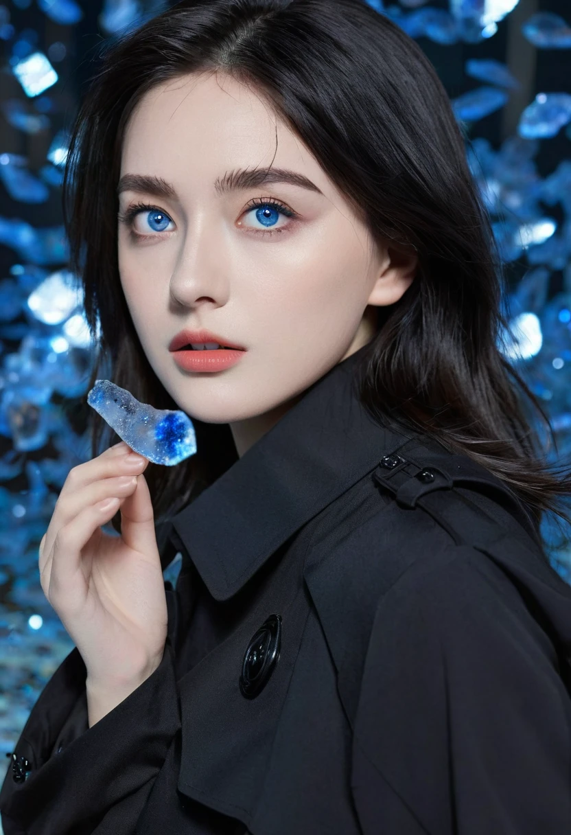 (best quality, masterpiece),(1 Girl, Trench coat,Expression face, blue eyes, Looking at the audience, Black Hair, Shut up, Dress Shirts, Black skirt, Reaching out to the audience), (Less blue light, There are a lot of blue glass fragments behind, Floating Objects, Night Sky)