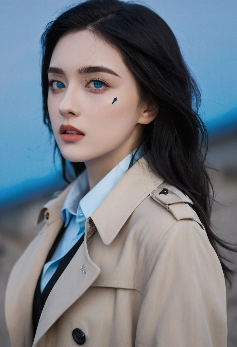 (best quality, masterpiece),(1 Girl, Trench coat,Expression face, blue eyes, Looking at the audience, Black Hair, Shut up, Dress Shirts, Black skirt, Reaching out to the audience), (Less blue light, There are a lot of blue glass fragments behind, Floating Objects, Night Sky)