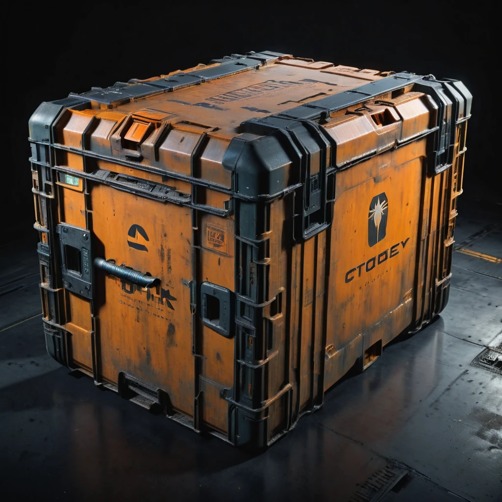 Photo focuses on military sturdy crates ,  Equipped with hydraulic metal lock, from above, Science fiction, Glowing Cyberpunk, translucent, black background, Orange theme  , , professional, 4K, Very detailed, gravel, (rust:0.65), crack, Surface cracking, Subtle confusion, dust, Fed up, edges rusty dusty, Surface scratches, Peeling paint from the sun, Stain, Shatter, rugged, used