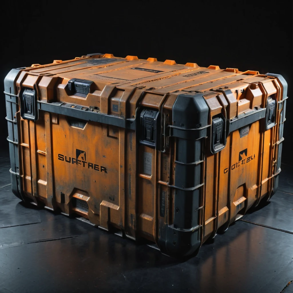 Photo focuses on military sturdy crates ,  Equipped with hydraulic metal lock, from above, Science fiction, Glowing Cyberpunk, translucent, black background, Orange theme  , , professional, 4K, Very detailed, gravel, (rust:0.65), crack, Surface cracking, Subtle confusion, dust, Fed up, edges rusty dusty, Surface scratches, Peeling paint from the sun, Stain, Shatter, rugged, used