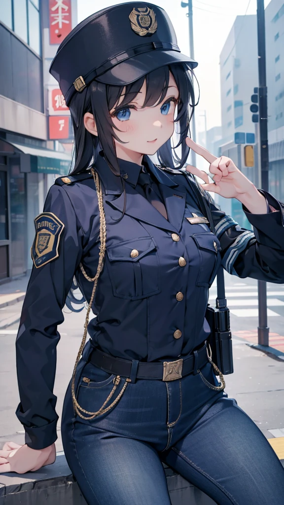 女警girl，girl，Police Uniform，紧身Police Uniform，藏青色Police Uniform，Metropolitan Police Department Helmet，Japanese Metropolitan Police Department clothing，紧身jeans，jeans，Tactical Vest，high-heel boots，boots，Police hat，Police hat，Police badge，City background，Outdoor Background，Street background，警视厅girl，Military dress style，Close-up above the waist镜头，Close-up of upper body，Close-up above the waist