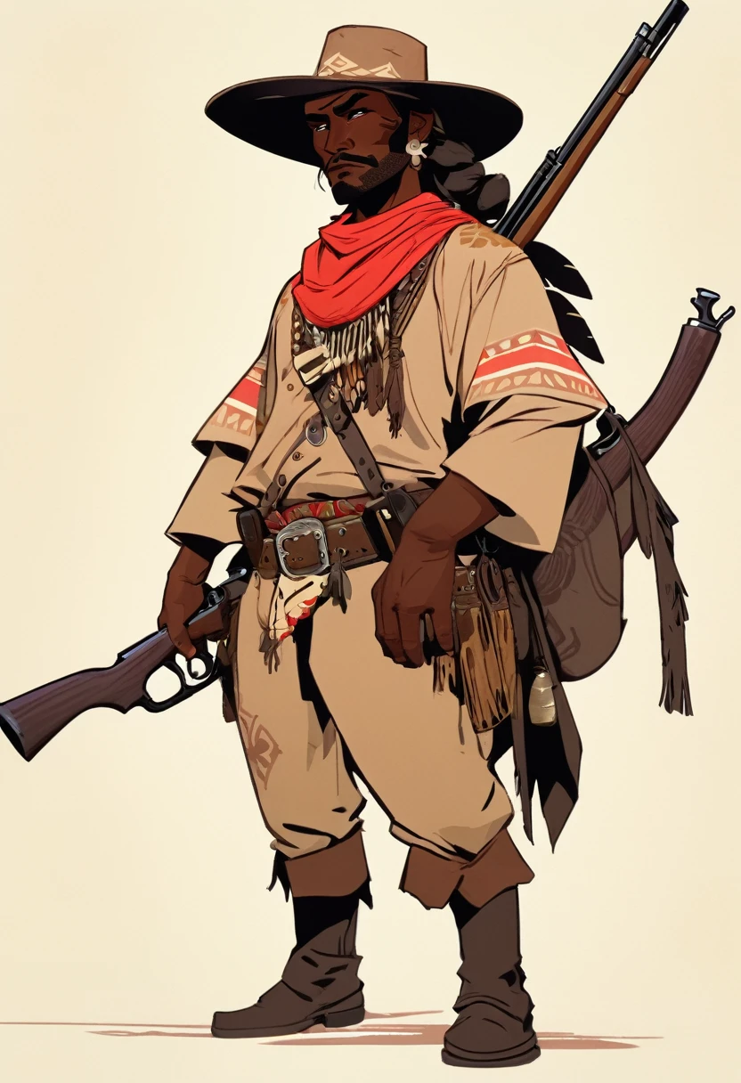 score_9, score_8_up, score_7_up, score_6_up, score_5_up, score_4_up, 1man, Western, far away, Wild West, red dead Redemption, cartoon art style, Light brown skin, Hunting, desert, Nightfall, Indigenous, Solo, Bow, Hunter, Thong, Indian Makeup, Few clothes, Wild, Eagle