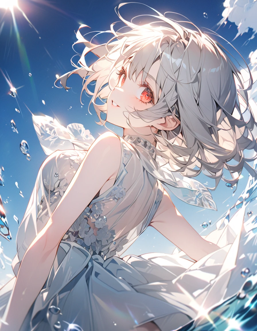 Cute girl in swimming costume (original revealing swimming costume) (small body) (girl: 1.5), (silver hair: 1.5) (long eyelashes: 1.2) (eye shadow: 1.3) (big eyes red eyes: 1.5), (beautiful details: 1.4) (short bob hair: 1.4), ) (big breasts: 1.3) (white skin: 1.2) Height: 150 cm, Original character, Fantasy, View Art: (Girl with beautiful deep eyes. The depth of field of the picture is perfect, the lens flare creates a nice atmosphere. The detail in her face really stands out, this photo is definitely a tenner. Background, there is a beautiful sea with crystal clear water and water droplets.