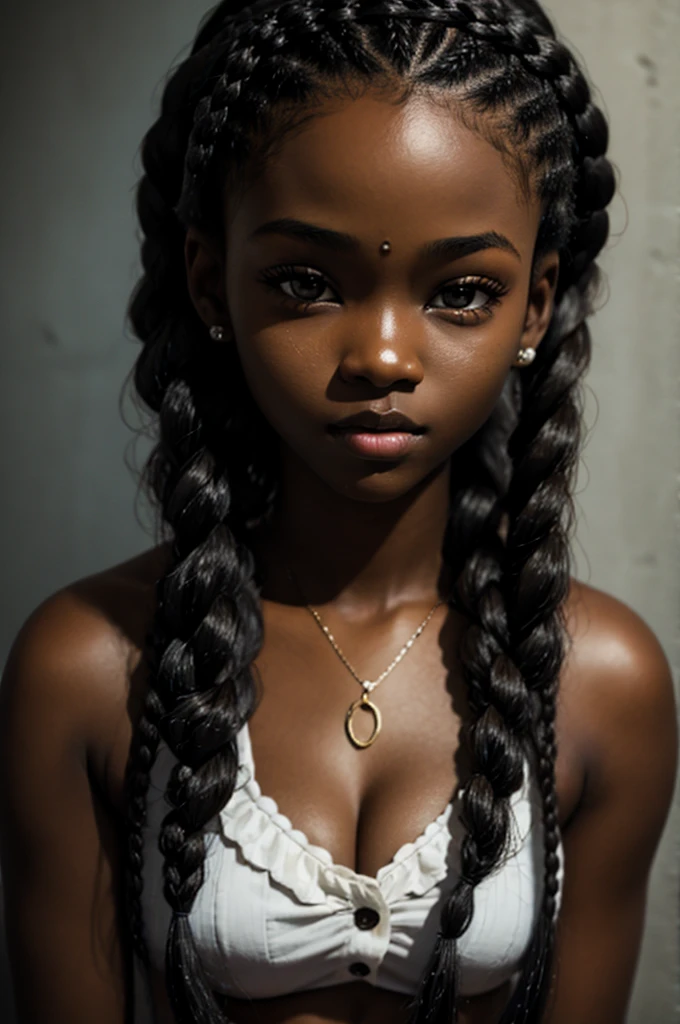 cute cornrow hair, Dark skin, teenager, beautiful face, deep ebony, showing breasts, SFW
