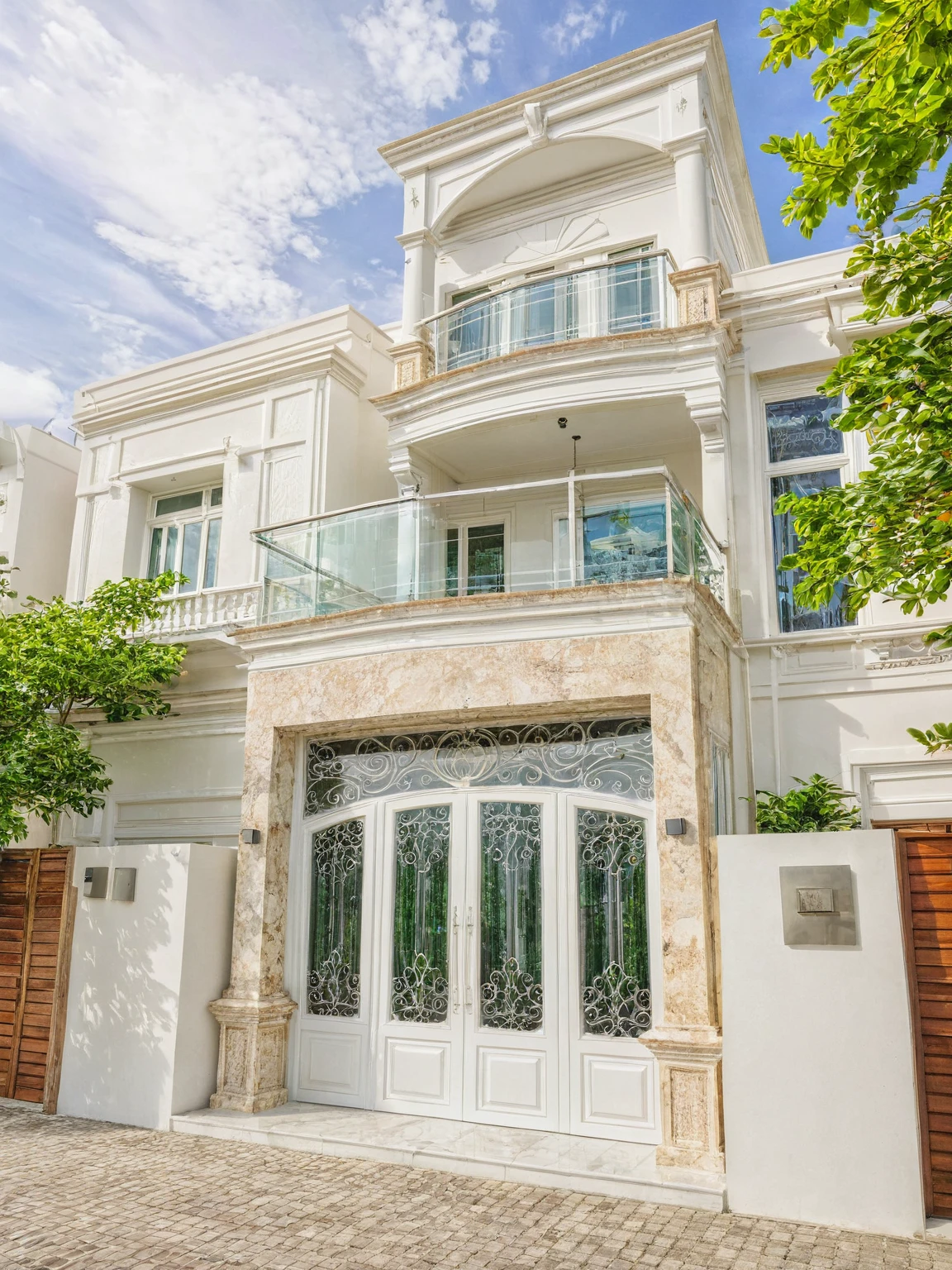 neo classical villa on street, (daylight), tropical tree, vivid colour, streetcapes, white tone, white wall, large glass door, warm interior lighting, wood and marble, best quality, 20ArchiAI_XL_NeoTH-v2