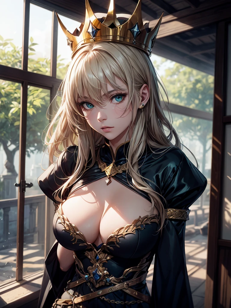 8K,Model Chute Style、(the Extremely Detailed CG Unity 8K Wallpapers)、full-shot body photo of the most beautiful artwork in the world、English Medieval Witches、Green Valley、Pearl skin、Golden crown、Diamondedieval architecture、Edbrink、Ateigairan、Studio Ghibli、Jeremy Mann、Greg Munchez、Antonio Moro、Trending on ArtStation、Trending in CGSighbour、 Dense and、Up to detail、Sharp focus、Dramatic and photorealistic painting art by Midjourney and Greg Rutkowski,Sexy costume,large full breasts, sultry look, seductive,