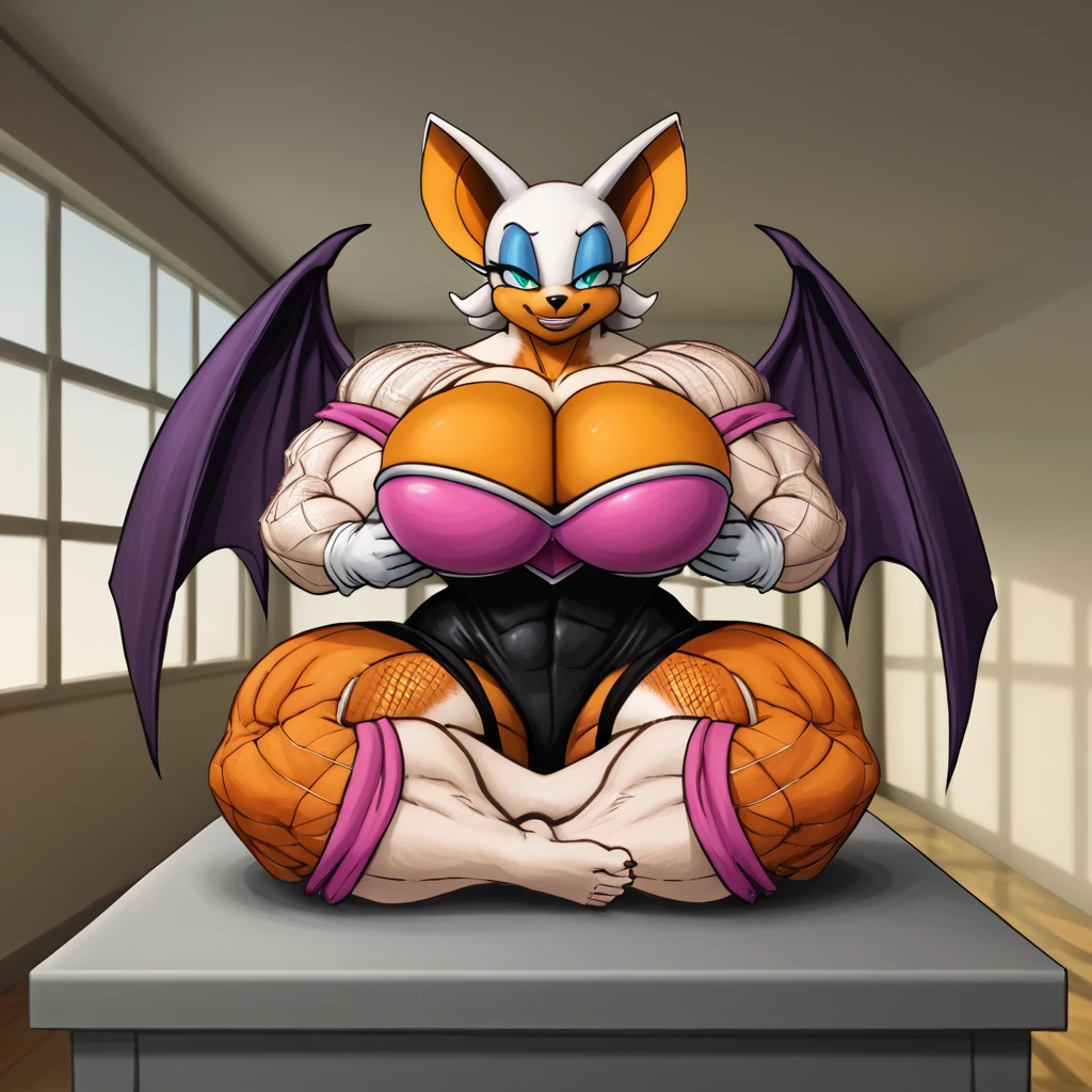 [Rouge the bat], [Uploaded to e621.net; (Pixelsketcher), (wamudraws), (napalm_express)], ((masterpiece)), ((HD)), ((High res)), ((furry)), ((solo portrait)), ((front view)), ((full body)), ((feet visible)), ((detailed fur)), ((detailed shading)), ((cel shading)), ((beautiful render art)), ((intricate details)), {anthro, (white fur), (orange skin), black nose, bat ears, cute blue eyes, (half-closed eyes), (blue eyeshadow), short tail, (curvy hips), (beautiful legs), (smug grin)}, {(black bodysuit), (pink shirt under bodysuit), (cleavage), (white gloves), (white knee-high boots)}, {(sitting on table), (crossed legs), (looking at viewer)}, [background; (hallway), (museum), (ambient lighting)], huge overfilled breast_implant, huge keep_inflating_Extrem_like a blimp, filling her up more plump , large Breast Implants breast expander fill up, extremely huge inflated muscles, hawaii Strand im hintergrund