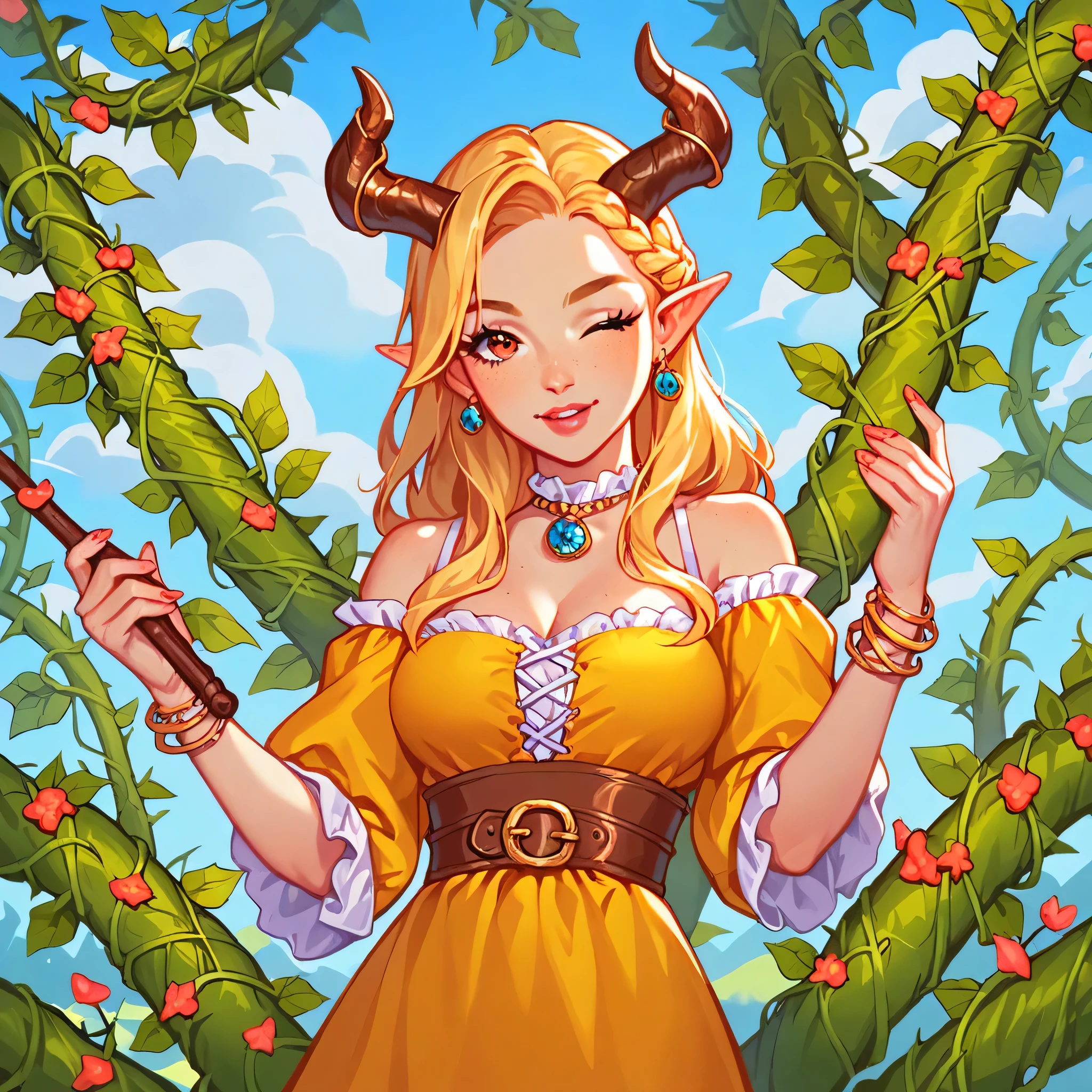 score_9, score_8_up, score_7_up, score_6_up, score_5_up, score_4_up, BREAK source_anime, yellow medieval summer girl, concept, vines on the hand and horns from vines