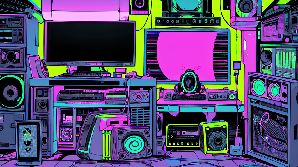 Best quality, (masterpiece), best detail face,1 girl, big breasts, 18 yo, 8k,absurdres,unity 8k wall paper,(extremely detailed:1.3), highest realistic, (retro headphones:), (soft neon light:), (psychedelic), Her room full of music equipment and records, sports wear , See the whole room, She is at the end of the room, dark yellow color palette ,Synth Wave, Acid House, Cyber Punk
