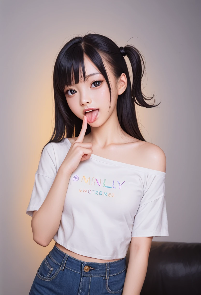 pastel colors colors t-shirt,off-shoulder look,bare shoulder,ollarbone,midriff peek,Tight denim mini skirt,(open mouth:1.5),(tongue out:2),lying,finger to chin,(overhead shot:2),front view,upper body,(1girl,Beautiful 14 year old girl,teenager),((Slender,Small breasts,Small face,)),(looking at viewer),Black Hair,bangs,one side up,Beautiful and detailed,Mischievous smile,(Dimly lit room:1.5),Black sofa,Black simple background,Pink low light
