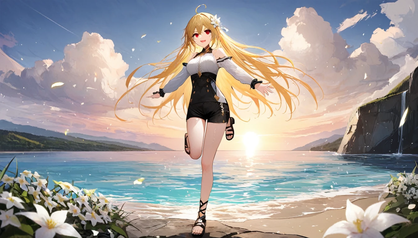 score_9, score_8_up, score_7_up, 1girl, (by azumi kazuki:1.1), by ciloranko:1.1, (by omone_hokoma_agm:1.1), ((absurdres, official art, masterpiece)), best aesthetic, best quality, ultra detailed, intricate details, new, newest, glossy hair, moist skin, 18 years old, adult woman, medium breasts, blurry background, depth perception, solo, subject focus:1.1, depth perception, empty eyes, red eyes, solo, outdoors, long hair, shorts, water, ahoge, looking at viewer, long sleeves, sunset, standing, bare shoulders, hair ornament, black shorts, sandals, smile, wading, open mouth, sky, standing on one leg, shirt, flower, sun, hair between eyes, short shorts, blonde hair, very long hair, :d, dress, white flower, outstretched arm, cloud, off shoulder, black footwear