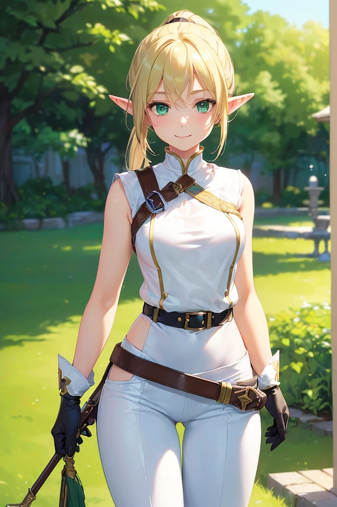 (((masterpiece; best quality: 1.2))), (finely detailed eyes: 1.3), (25 year old elf woman), (solo), (green eyes: 1.4), (body; lithe, fit, femenine: 1.3), (silky blonde hair + low ponytail: 1.3), (beautiful and clear background: 1.2), ((depth of field)), (equipment: adventurer attire + white tunic + black pants + gloves + belt + pouches: 1.3), (anime illustration: 1.2), (background composition; royal garden: 1.1), (extremely fine and beautiful: 1.1), (shot composition; standing + centered on torso + close-up: 1.5), (expression; calm, smile: 1.2)