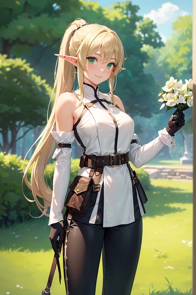 (((masterpiece; best quality: 1.2))), (finely detailed eyes: 1.3), (25 year old elf woman), (solo), (green eyes: 1.4), (body; lithe, fit, femenine: 1.3), (silky blonde hair + low ponytail: 1.3), (beautiful and clear background: 1.2), ((depth of field)), (equipment: adventurer attire + white tunic + black pants + gloves + belt + pouches: 1.3), (anime illustration: 1.2), (background composition; royal garden: 1.1), (extremely fine and beautiful: 1.1), (shot composition; standing + centered on torso + close-up: 1.5), (expression; calm, smile: 1.2)