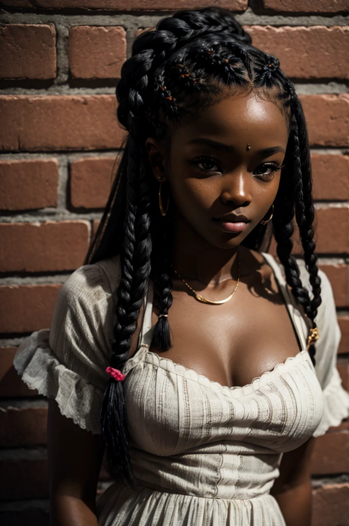 cute cornrow hair, Dark skin, ager, beautiful face, deep ebony, showing breasts, SFW