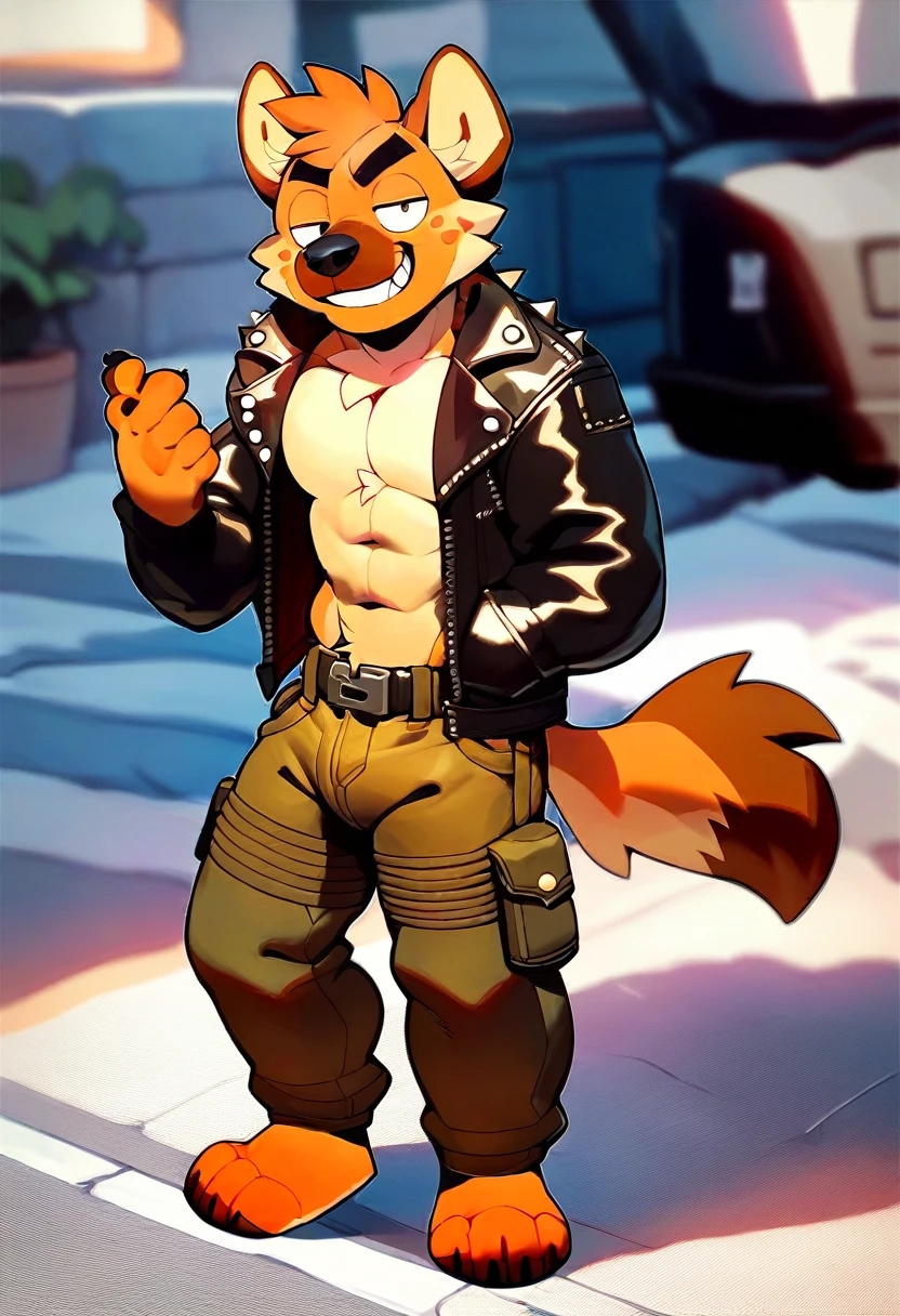 score_9,score_8_up,score_7_up,score_6_up,score_5_up,score_4_up, solo anthro furry, hyrax, hyeqxfur, male, brown fur, grin, smug, leather jacket, cargo pants, full body, black nose, clean art
break