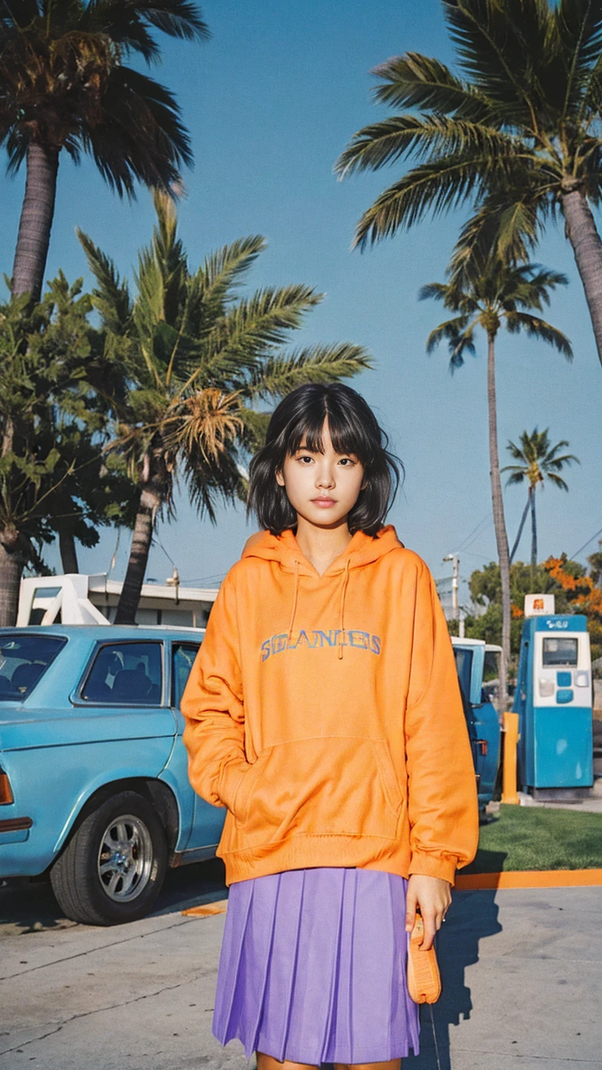 long shot portrait of cute 23 yo girl ,wear ((orange color oversized hoodie)), wear ((purple tennis skirt)),looking viewer,Best Quality,Masterpiece,Ultra High Resolution,(Realisticity:1.4),Original Photo, 1Girl, light leak,ultra high resolution,UHD,beautiful, (black bob hair), almond eye, no makeup, in front of ((80's gas station)), (realistic:1.2), (very detailed:1.1), ((masterpiece)),summer, blue sky, palm trees,sunny, los angles vibes,film camera, 800mm lens,style of Philip Lorca diCorcia