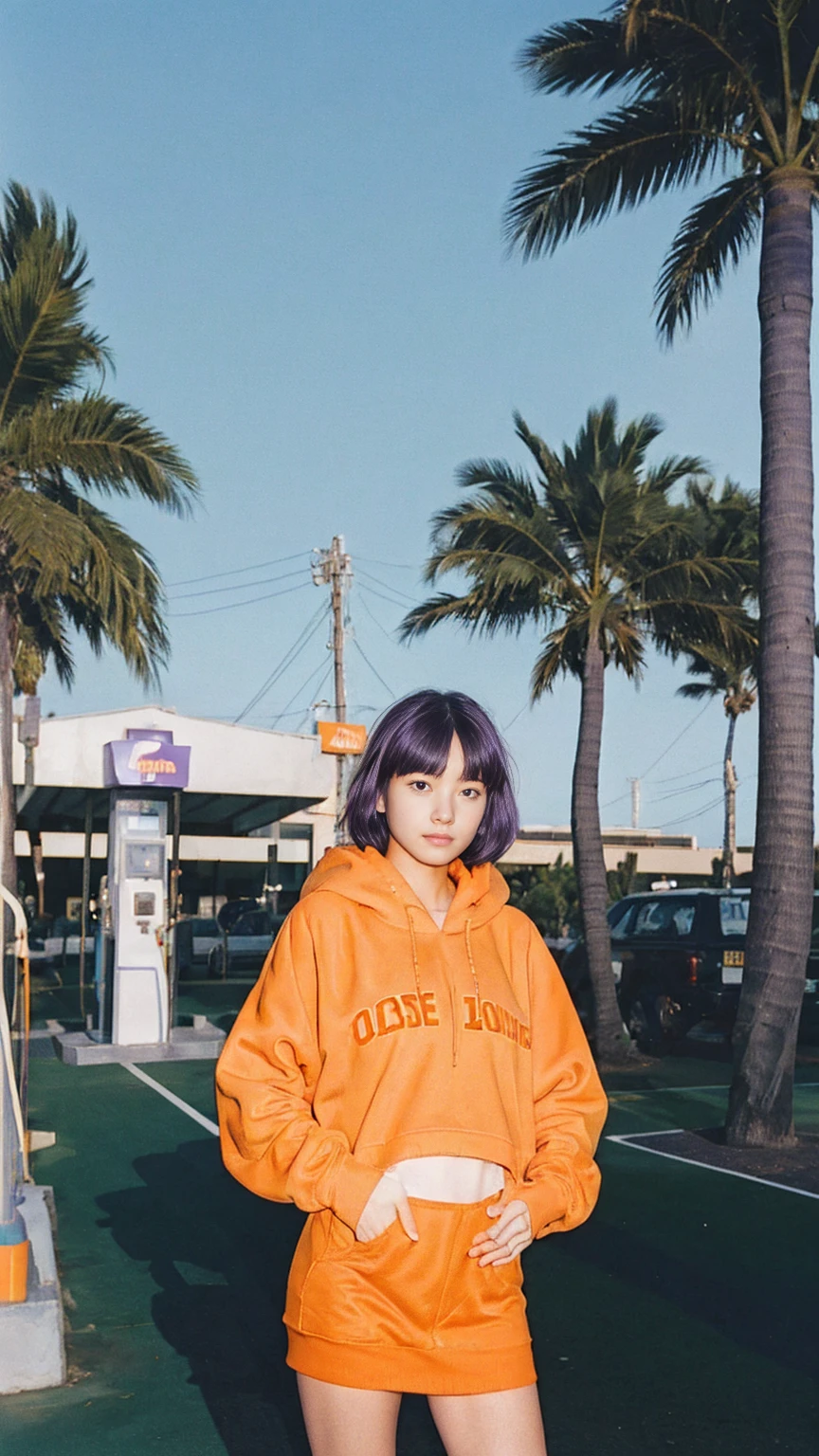 long shot portrait of cute 23 yo girl ,wear ((orange color oversized hoodie)), wear ((purple tennis skirt)),looking viewer,Best Quality,Masterpiece,Ultra High Resolution,(Realisticity:1.4),Original Photo, 1Girl, light leak,ultra high resolution,UHD,beautiful, (black bob hair), almond eye, no makeup, in front of ((80's gas station)), (realistic:1.2), (very detailed:1.1), ((masterpiece)),summer, blue sky, palm trees,sunny, los angles vibes,film camera, 800mm lens,style of Philip Lorca diCorcia