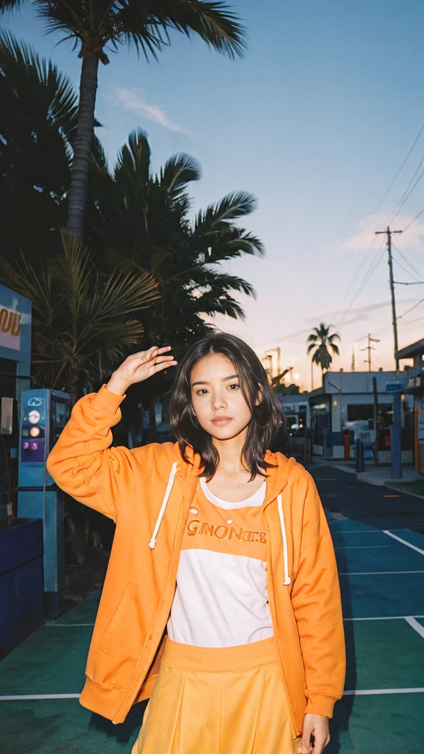 long shot portrait of cute 23 yo girl ,wear ((orange color oversized hoodie)), wear ((purple tennis skirt)),looking viewer,Best Quality,Masterpiece,Ultra High Resolution,(Realisticity:1.4),Original Photo, 1Girl, light leak,ultra high resolution,UHD,beautiful, (black bob hair), almond eye, no makeup, in front of ((80's gas station)), (realistic:1.2), (very detailed:1.1), ((masterpiece)),summer, blue sky, palm trees,sunny, los angles vibes,film camera, 800mm lens,style of Philip Lorca diCorcia