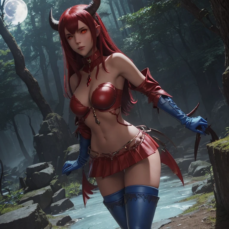 young and sexy succubus, semi-naked with a sensual low-cut dress and long boots with blue heels. in a clear forest with ruined castle and red full moon. merusuccubus, (red skin) Colored skin (yellow eyesglowing eyes) horns (demon tail) bangs choker,Devil, Demon, Devil, succubus,vampire, sucubus, dark stalkers