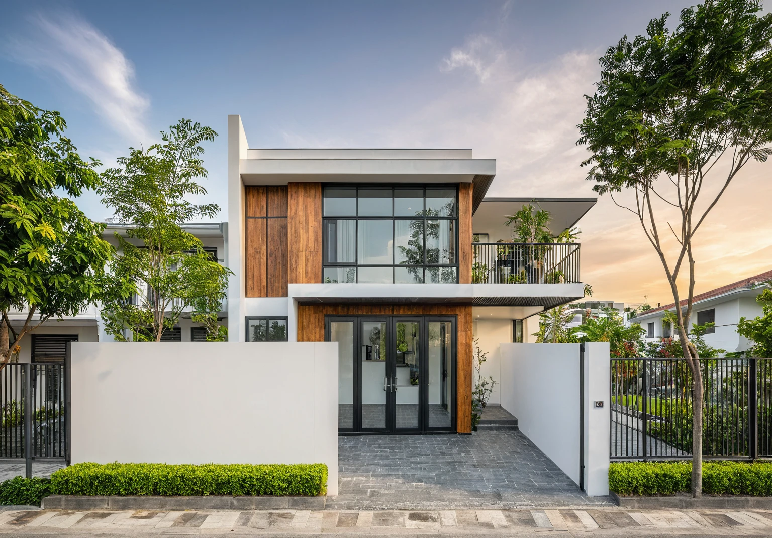 modern townhouse on street, (sunset), tropical tree, vivid colour, streetcapes, white tone, white wall, steel gate, rough white wall, large glass door, (warm interior lighting:1.2), wood and marble, best quality