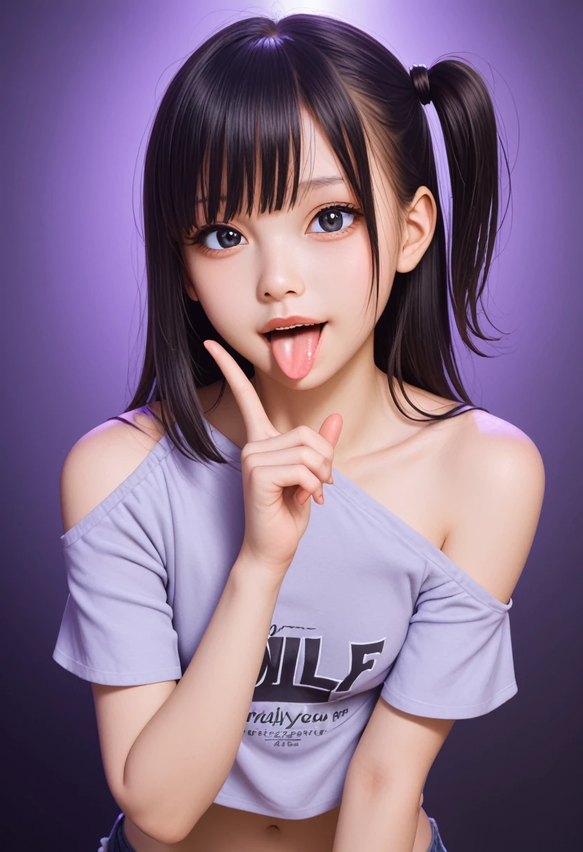 pastel colors colors t-shirt,off-shoulder look,bare shoulder,ollarbone,midriff peek,micro shorts,(open mouth:1.5),(tongue out:2),standing,finger to chin,arm between legs,front view,upper body,(1girl,Beautiful 14 year old girl),((Slender,Small breasts,Small face,)),(looking at viewer),Black Hair,bangs,one side up,Beautiful and detailed,(Dimly lit room:1.5),pillow,Mischievous smile,Black simple background,Low lighting