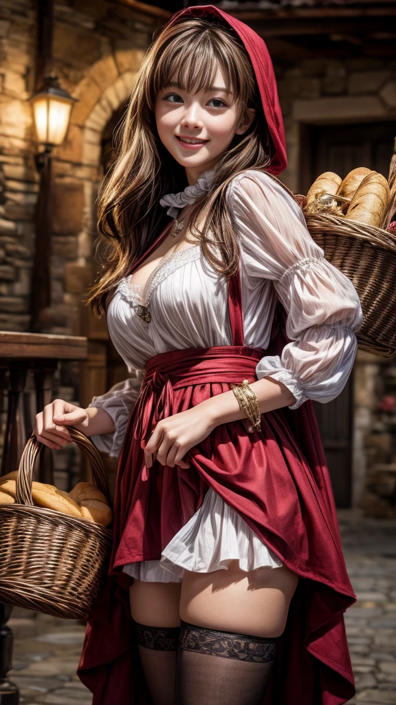 4K, Realistic,Very detailed,((Big Breasts))、18-year-old、((smile))、(Little Red Riding Hood)、(Medieval clothing)、(mini skirt)、Thigh-high stockings、(Carrying a basket of bread and wine)、grassland、((Delicate painting))，(Detailed RAW photos of girls), (Masterpiece:1.25), (Highest quality:1.6), (Ultra-high resolution:1.5), (Realistic:1.75), 8K resolution,:1.6),  Canon EOS R5, 50mm,Very detailedな,Cinema Lighting