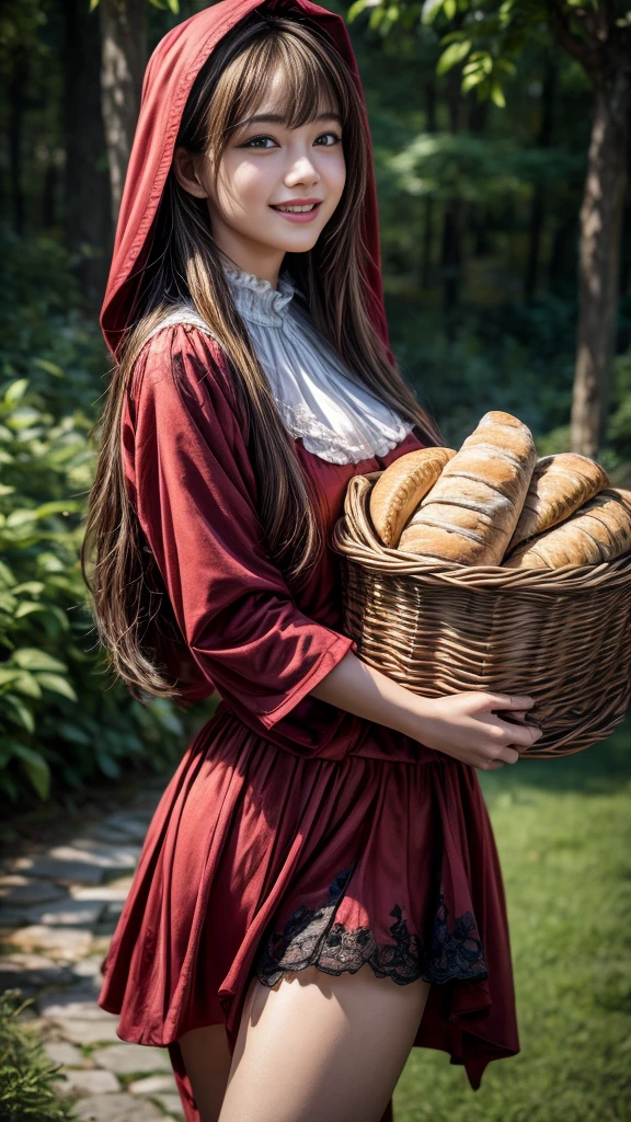 4K, Realistic,Very detailed,((Big Breasts))、18-year-old、((smile))、(Little Red Riding Hood)、(Medieval clothing)、(mini skirt)、Thigh-high stockings、(Carrying a basket of bread and wine)、grassland、((Delicate painting)),(Detailed RAW photos of girls), (Masterpiece:1.25), (Highest quality:1.6), (Ultra-high resolution:1.5), (Realistic:1.75), 8K resolution,:1.6), Canon EOS R5, 50mm,Very detailedな,Cinema Lighting