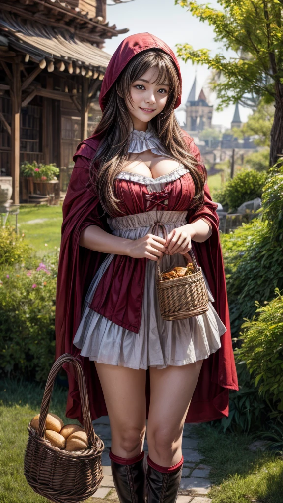 4K, Realistic,Very detailed,((Big Breasts))、18-year-old、((smile))、(Little Red Riding Hood)、(Medieval clothing)、(mini skirt)、Thigh-high stockings、(Carrying a basket of bread and wine)、grassland、((Delicate painting))，(Detailed RAW photos of girls), (Masterpiece:1.25), (Highest quality:1.6), (Ultra-high resolution:1.5), (Realistic:1.75), 8K resolution,:1.6),  Canon EOS R5, 50mm,Very detailedな,Cinema Lighting