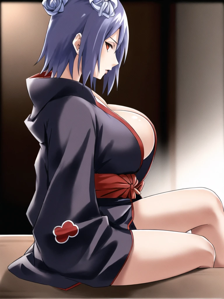 konan \(naruto\), solo, looking_at_viewer, 1girl, closed_mouth, labret piercing, looking at the viewer, (((half naked))), (((wearing unbuttoned akatsuki robe))), bra, (((sitting on the table inside dark room))), night time, busty, large breasts, (((side view)))