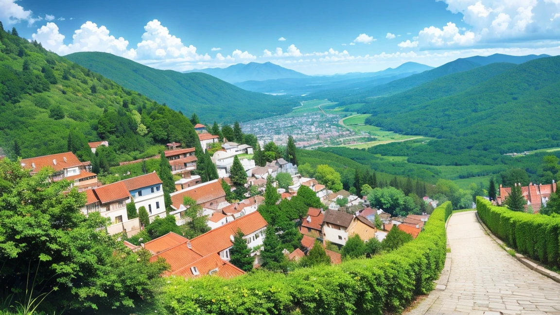 A serene landscape featuring a young woman standing on a path, overlooking terraced mountainous valley. The scene is depicted in a highly saturated and vibrant style, intense and rich colors vivid. The lush greenery, cascading hills, and scattered traditional houses are rendered with strong, exaggerated colors that enhance the natural beauty. The sky above is bright blue with scattered clouds and distant mountain peaks, creating a sense of peace and tranquility.