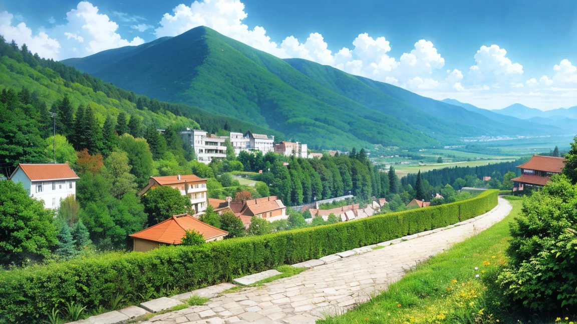 A serene landscape featuring a young woman standing on a path, overlooking terraced mountainous valley. The scene is depicted in a highly saturated and vibrant style, intense and rich colors vivid. The lush greenery, cascading hills, and scattered traditional houses are rendered with strong, exaggerated colors that enhance the natural beauty. The sky above is bright blue with scattered clouds and distant mountain peaks, creating a sense of peace and tranquility.