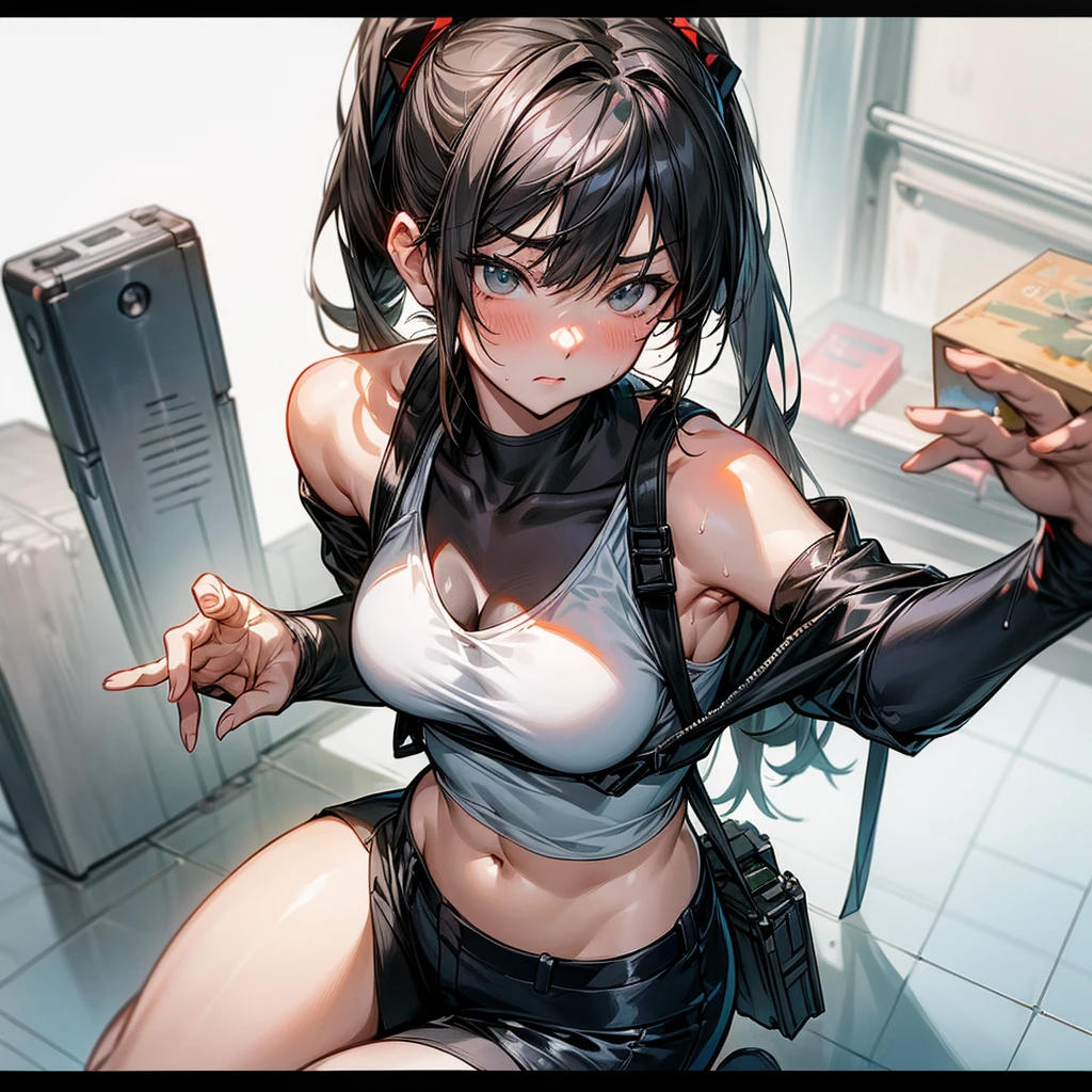 a woman in a white tank top and black shorts, yoki shinkawa, by Nagasawa Rosetsu, girls frontline cg, range murata, muscular sweat lara croft, ayamin kojima, rei hiroe black lagoon manga, by Takeuchi Seihō, mai yoneyama, realistic anime style at pixiv, from girls frontline