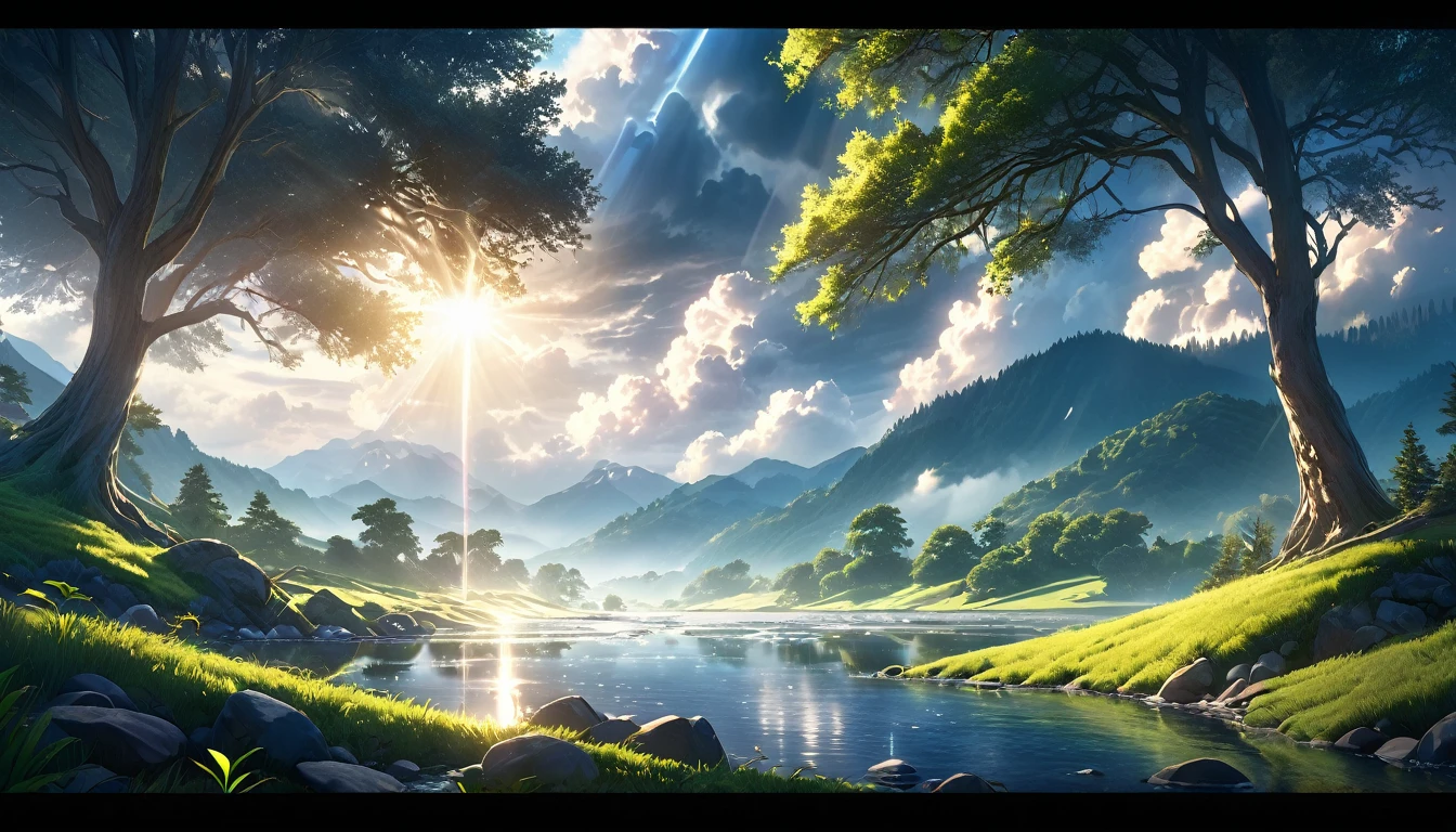 A ray of sunlight pouring down from the dark overcast sky onto the earth, anime style, (best quality,4k,8k,highres,masterpiece:1.2),ultra-detailed,(realistic,photorealistic,photo-realistic:1.37),dramatic lighting,cinematic composition,vibrant colors,stunning scenery,detailed environment,magical atmosphere,intricate details,serene landscape,ethereal mood,tranquil setting,dramatic shadows,vast open space,breathtaking vista,glowing radiance,atmospheric haze,moody tones,cinematic framing,epic scale,dramatic clouds,sunbeam shafts,vast horizon,rolling hills,lush greenery,beautiful trees,flowing water,reflections,ethereal light,mystical ambiance,fantasy elements