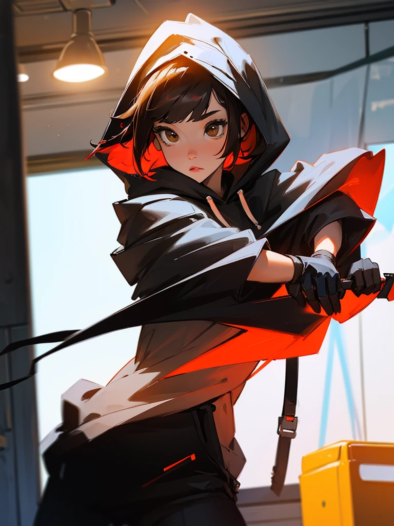 (((onli one woman))) girl with short red Bob style hair, white skin, light brown eyes, (((black gloves))), (((black hoodie))), black pants with straps [Girl using and looking at smartphone] background in room