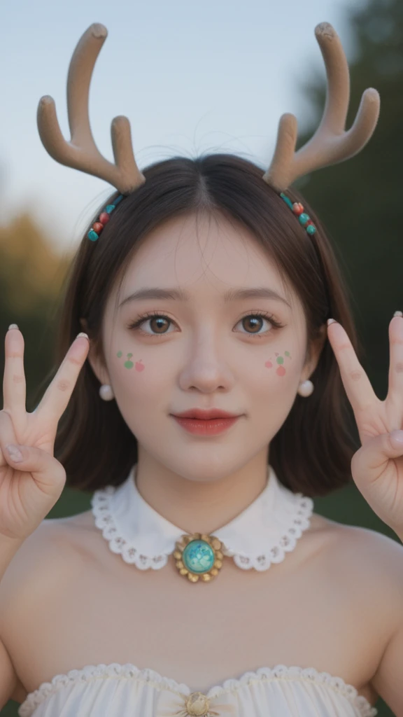 realistic,score_9, score_8_up, score_7_up,
Hyperrealism,illumination, 1girl, stand, upper body, simple background, small breasts, from front, Deer antler hairpin,outdoor,Dynamic lens,Dynamic Action,Give a V victory sign, Circus Costumes,8-year-old girl,big eyes,Fat Face