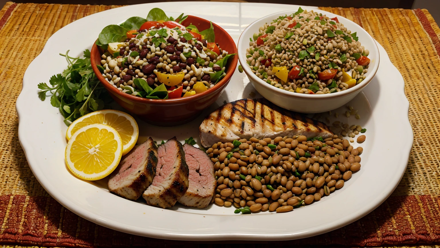 A balanced meal plate featuring iron-rich foods: a serving of red meat, grilled poultry, a fillet of fish, a side of beans and lentils, and a small bowl of fortified cereal. Include a colorful salad with citrus slices, tomatoes, and bell peppers. The scene should look nutritious and appetizing, with an emphasis on variety.