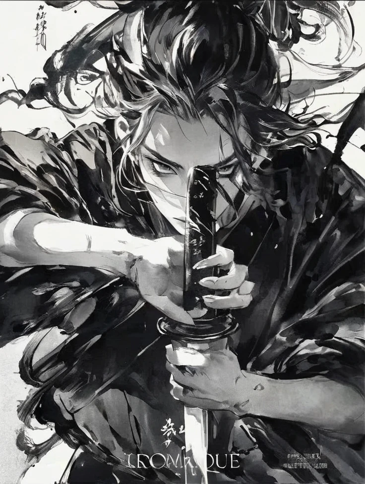 Movie light, fashion, top light, close-up, close-up, spotlight, hazy, Chen family cold, ink portrait, Kuroo frome Haikyuu, gorgeous clothing,Line Art,Chinese ink ,Chinese ink