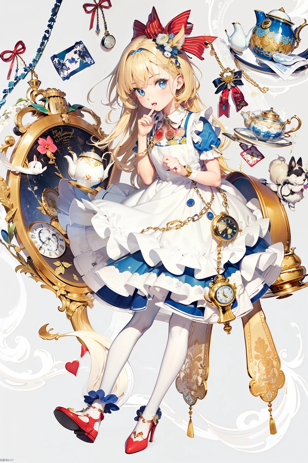 panoramic view, (((Hair color: Blonde、Long Hair)))、Beautiful blue eyes、head to feet view, hand-drawn illustration, cartoon, master piece, top-quality,fairtail storybook Beautiful vintage Aesthetic fariytale, Perfect 18 year old cute girl, body balance, highly detailed anime cute face innocent Alice in wonderland japan, offcial art, (1 girl in:1.3), platinum-blonde, soft skin, highly detailed small 5 fingers on each hand, 2 hands, perfectly detailed 2 arms, in one hand she holds a detailed vintage English pattern tea cup gold trim, (Tied to her hair is a ribbon detailed gold glass pendant head-piece), highly detailed (sparkling glass Blue green iris pretty eyes), white socks、beautiful 2 legs, detailed navy brown gold with a white Apron over ruffle dress mid-length mini-skirt, stripped ribbon navy brown white gold color, (alice in the wonderland:1.2)、highly detailed (Playing Cards, detailed teapot, detailed furry white rabbit, detailed tea cup, tea saucer, tea tin cans、gold pocket watch:1.3), highly detailed whimsical adorable tea party the furry white rabbit wearing a tuxedo carries a gold watch,highly colorful light pastel light blue pink light yellow pastel colours, muted colors, flat colors, best quality, storybook whimsical watercolor, illustration, simple, solid dark gray background, t-shirt design,