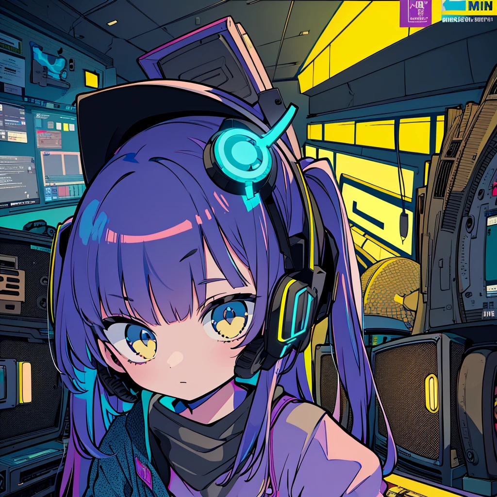 Best quality, (masterpiece), best detail face,1 girl, big breasts, 18 yo, 8k,absurdres,unity 8k wall paper,(extremely detailed:1.3), highest realistic, (retro headphones:), (soft neon light:), (psychedelic), Her room full of music equipment and records, sports wear , See the whole room, She is at the end of the room, dark yellow color palette