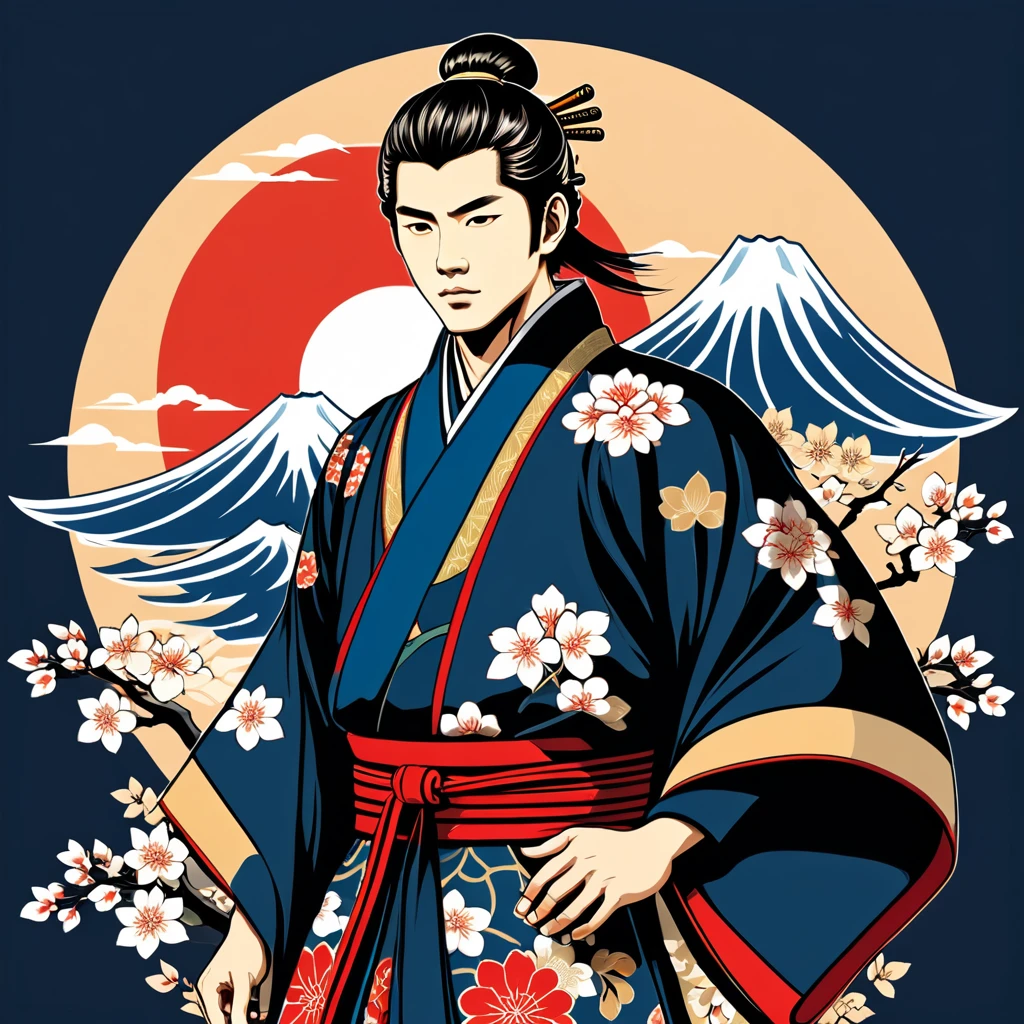 man in japanese folk outfit, vector graphics, strong contours