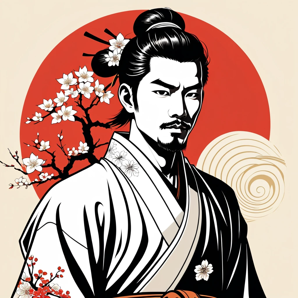 man in japanese folk outfit, vector graphics, strong contours
