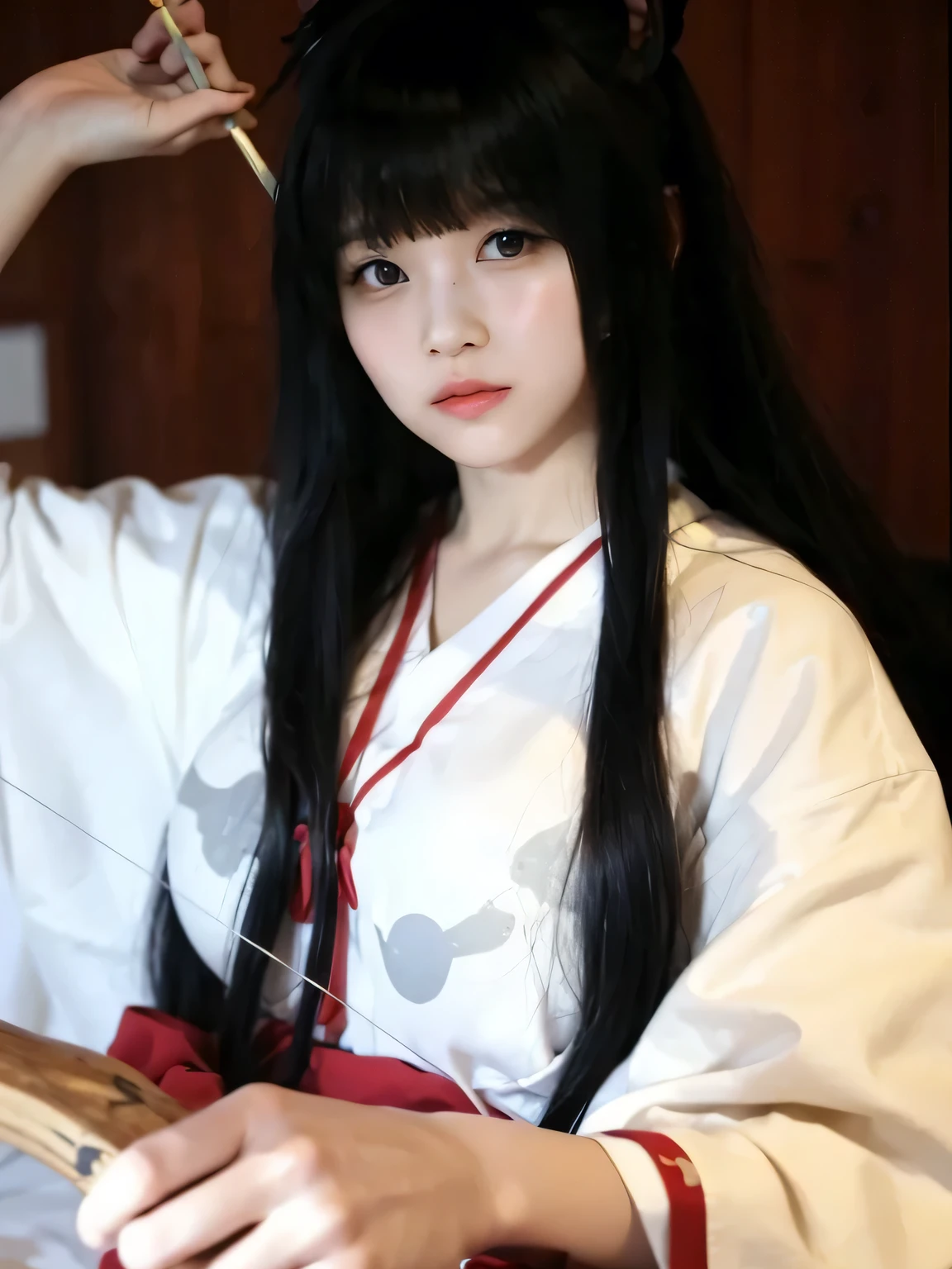 Woman with Kilyo cosplay from Inuyasha, japanese priestess, long black hair, big breasts, bow and arrow, Mina&#39;s face from Twice.