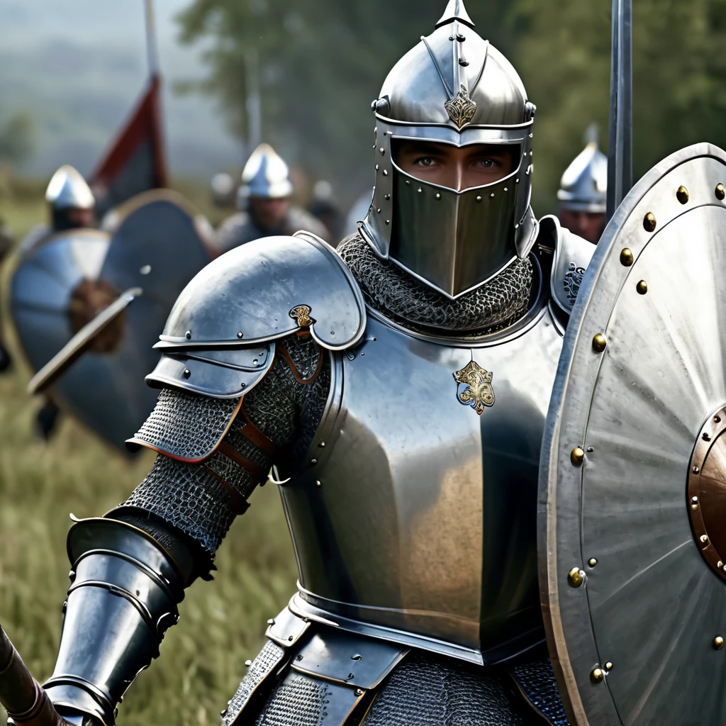 create an epic, medieval, realistic battle image in high definition, 64k, detailed armor, the best image, perfect, minute details, armor, detailed shields, realistic men, a great battle,