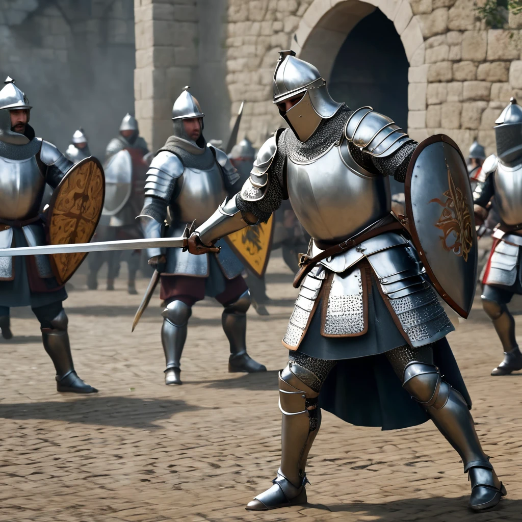 create an epic, medieval, realistic battle image in high definition, 64k, detailed armor, the best image, perfect, minute details, armor, detailed shields, realistic men, a great battle,