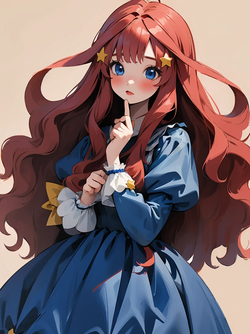 ((masterpiece, best quality:1.2), 1 girl, alone，red wavy hair，Light fluffy long hair，bow headband，star hairclips, blue eyes, itsuki nakano,  indigo dress, organza flowing dress, simple minimal sundress, cute simple dress, deep blue dress, puffy sleeves, juliet sleeves, clean background