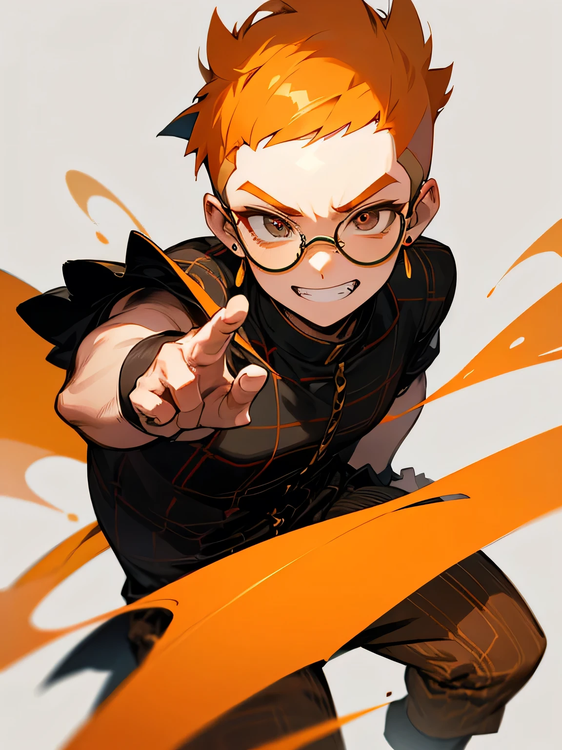solo,looking at viewer,1boy,orange soft Mohawk haircut ,buzz cut,no bangs,big forehead,male's eyes, male's nose, male's mouth,handsome face,under rim glasses, manly, grin,plaids pattern clothe,(model fighting pose),white simple background、mens earrings