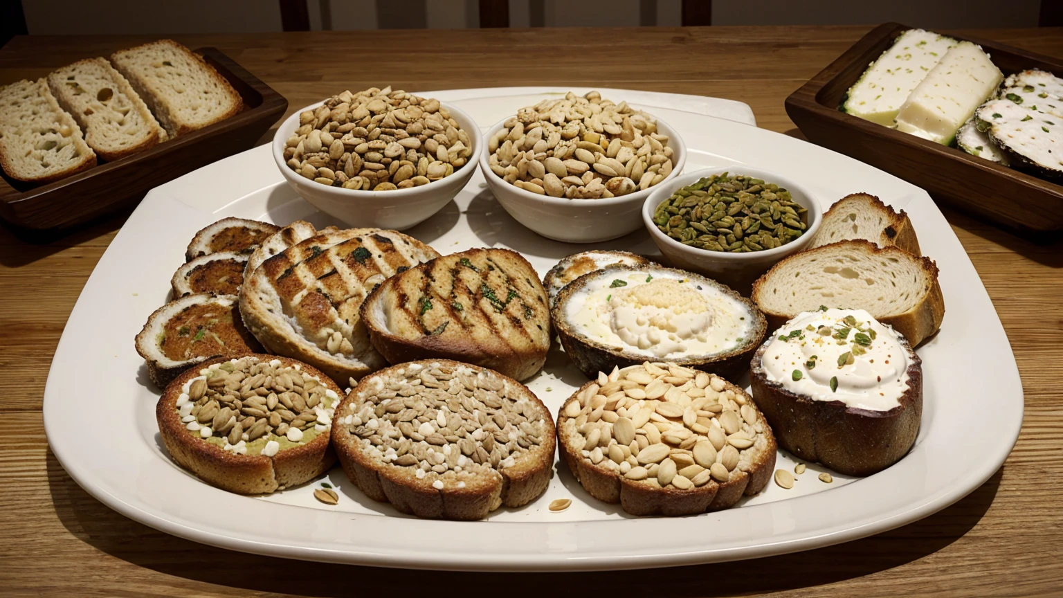 A diverse platter showcasing zinc-rich foods: grilled meat, a plate of oysters and crab, a selection of dairy products, a bowl of mixed nuts and seeds, and a loaf of whole grain bread. The scene should depict a balanced diet, with a variety of textures and a visually appealing arrangement.