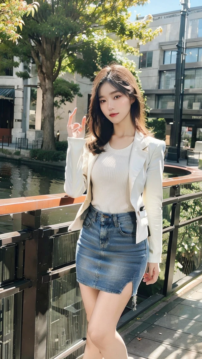 ((Highest quality,4K,High resolution,masterpiece:1.2)),((Character Concept Art)), ((Very finely crafted fingers)), ((Human finger length)), (((10 fingers))), 1 female, (Full-body showcase), (Brown short hair), Big Breasts, Improve her overall look, ((Exquisite detail)), (Standing still with confidence), (Show your whole body), (Jacket), (denim), Scenery of the city.